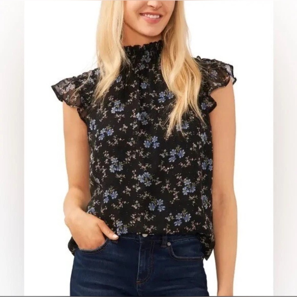 CeCe Women’s Size M Floral Smock Neck Black Yellow Floral Blouse